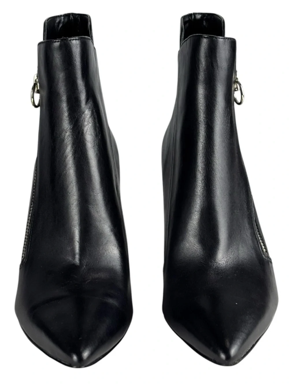 NINE WEST RUSSITY BLACK LEATHER POINTED TOE ASYMMETRIC ZIP ANKLE BOOTS BOOTIES